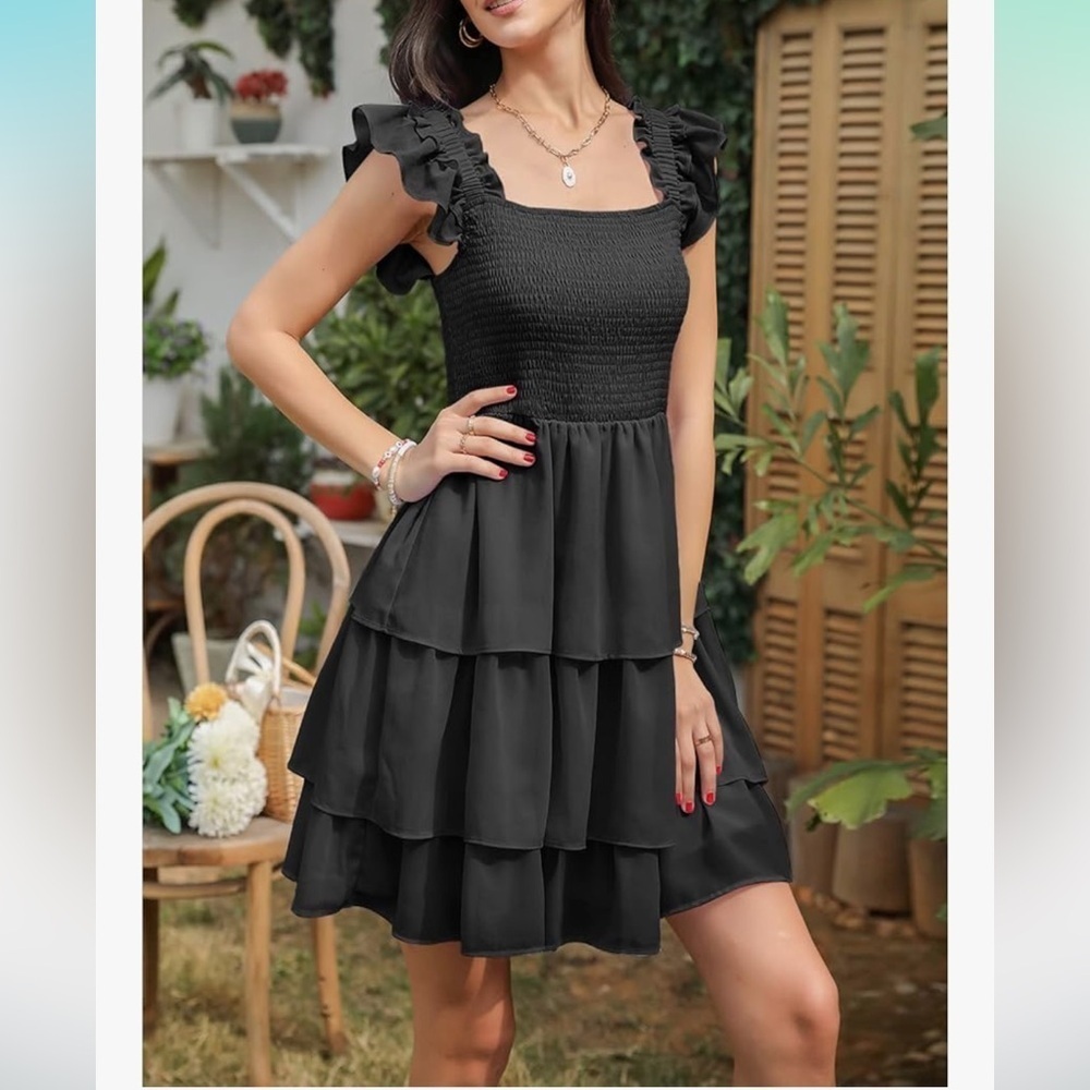 Small black tiered ruffle sleeve smocked dress chiffon square neck sleeveless